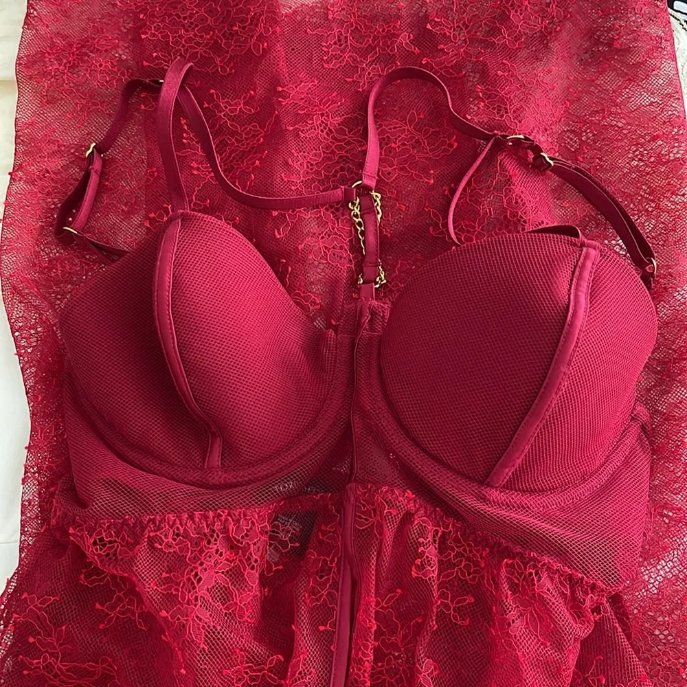 Vintage Victoria’s Secret Lace Bustier Open Chemise in Scarlet Red